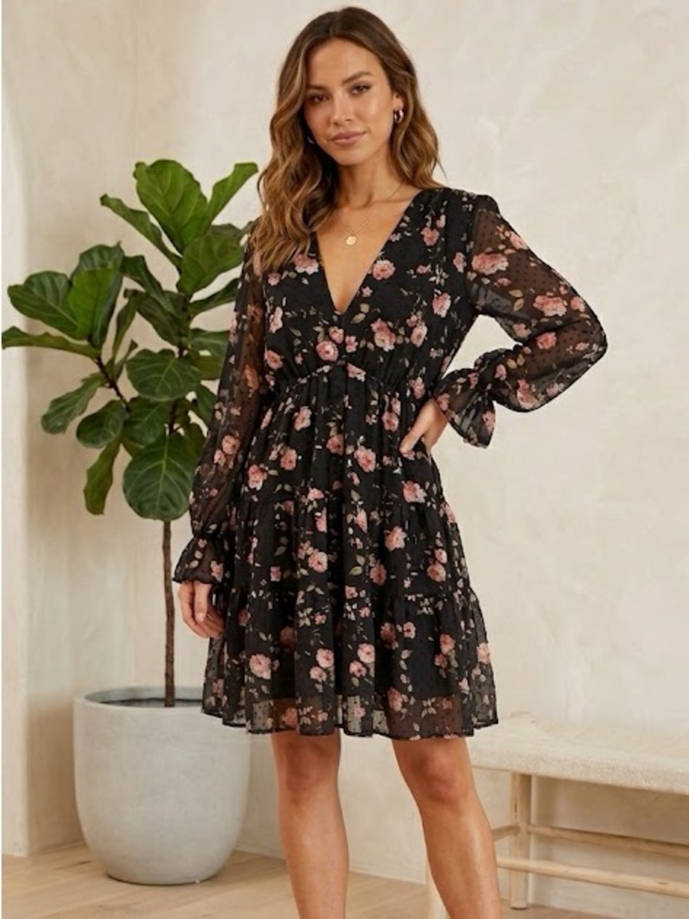 Lulus Black Floral Dress with puff sleeves